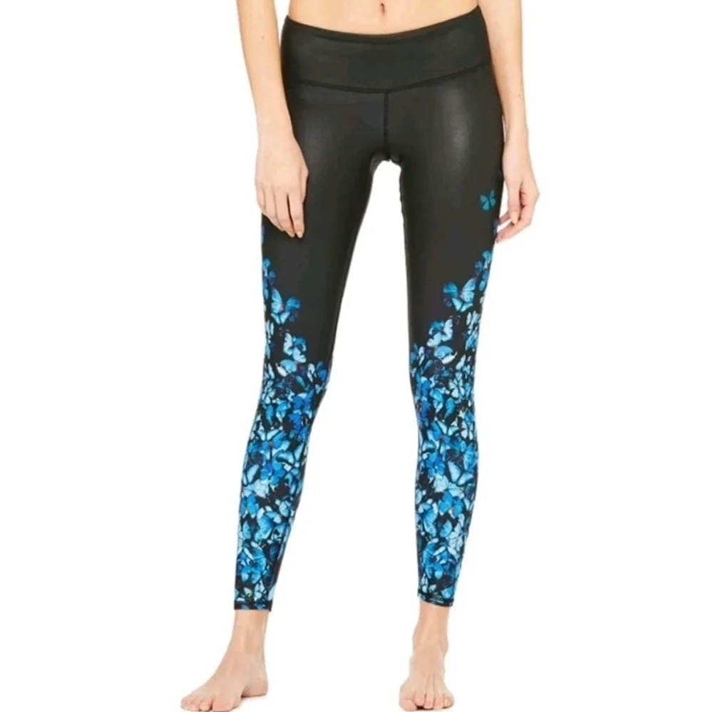 Alo Yoga Gypset Goddess Butterfly Print Leggings Black Blue High Rise Size S